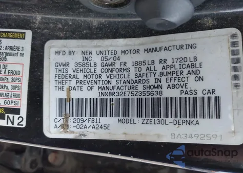 2005 Toyota Corolla Le from USA, damaged, VIN 1NXBR32E75Z355638